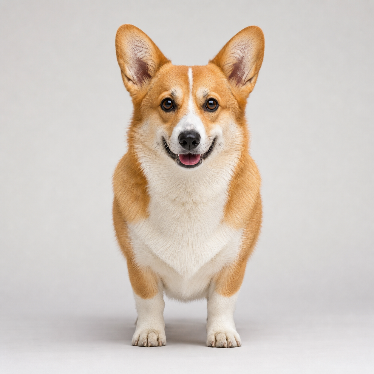 Example front-facing 4K-style studio portrait of a Welsh Pembroke corgi