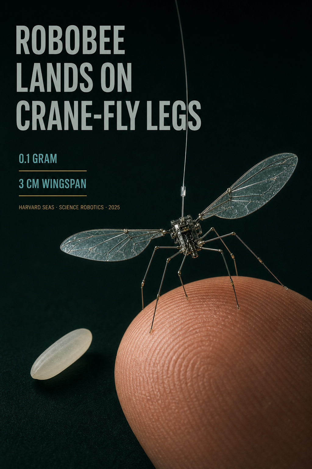 Editorial plate showing a tethered RoboBee landing on a fingertip
